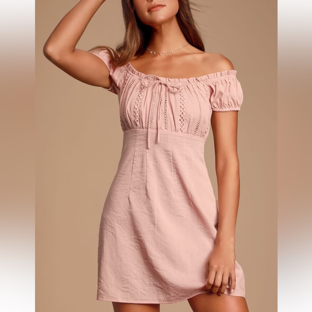 Lulu’s Wisteria Blush Pink Embroidered Off-the-Shoulder Mini Dress
